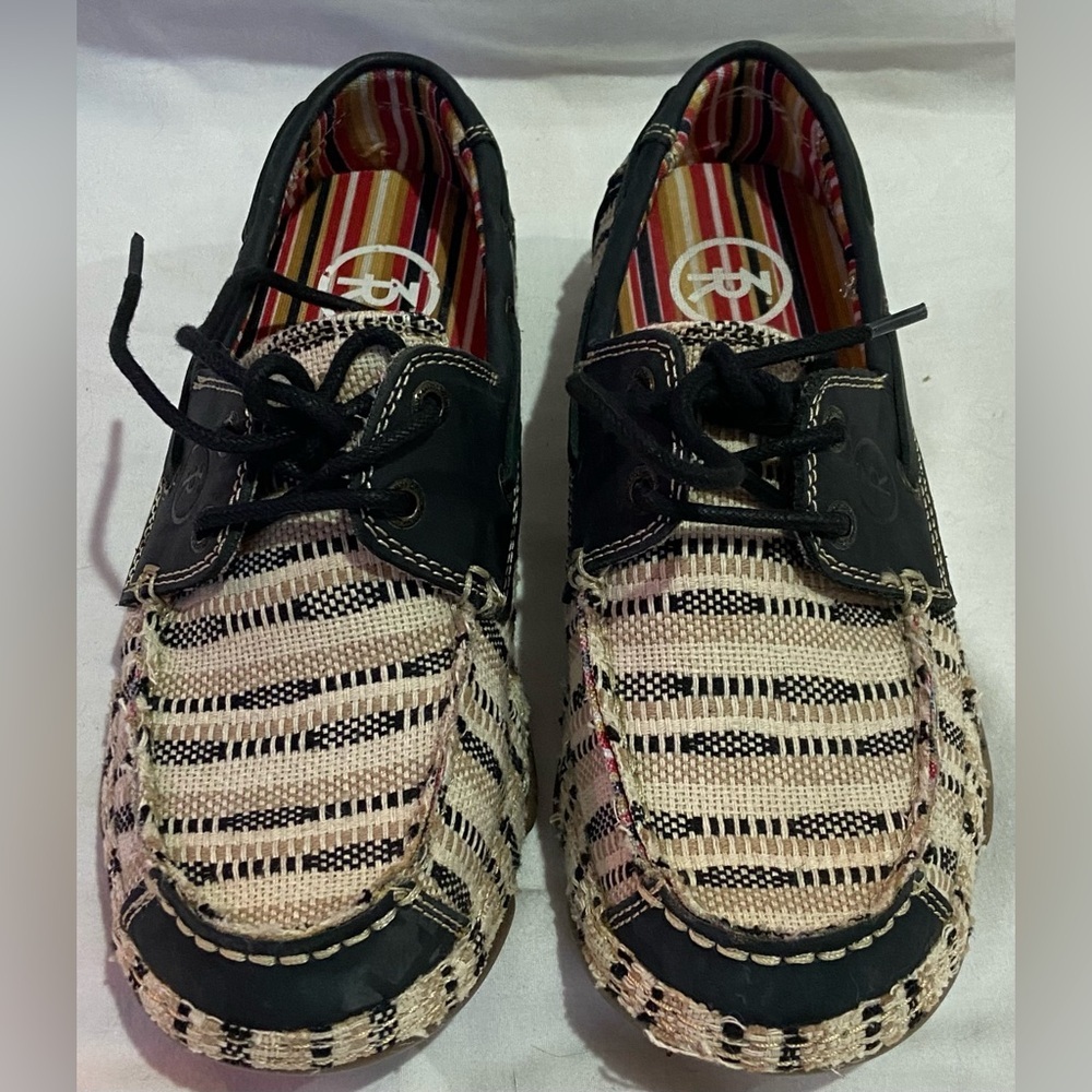 Tony Lama Boots Women’s Black/White Fabric Moccasins Lace Up Flats Size 8B